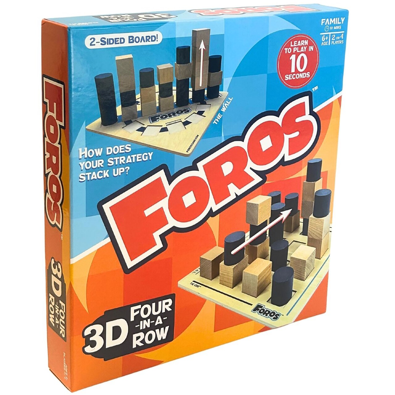 Foros: 3D Four-in-a-Row - Spatial Strategy Game, Double-Sided Wooden Board, 3 Parts Game - 1 Part Art, Family Ages 6+, 2 or 4 Players, 10 Minutes